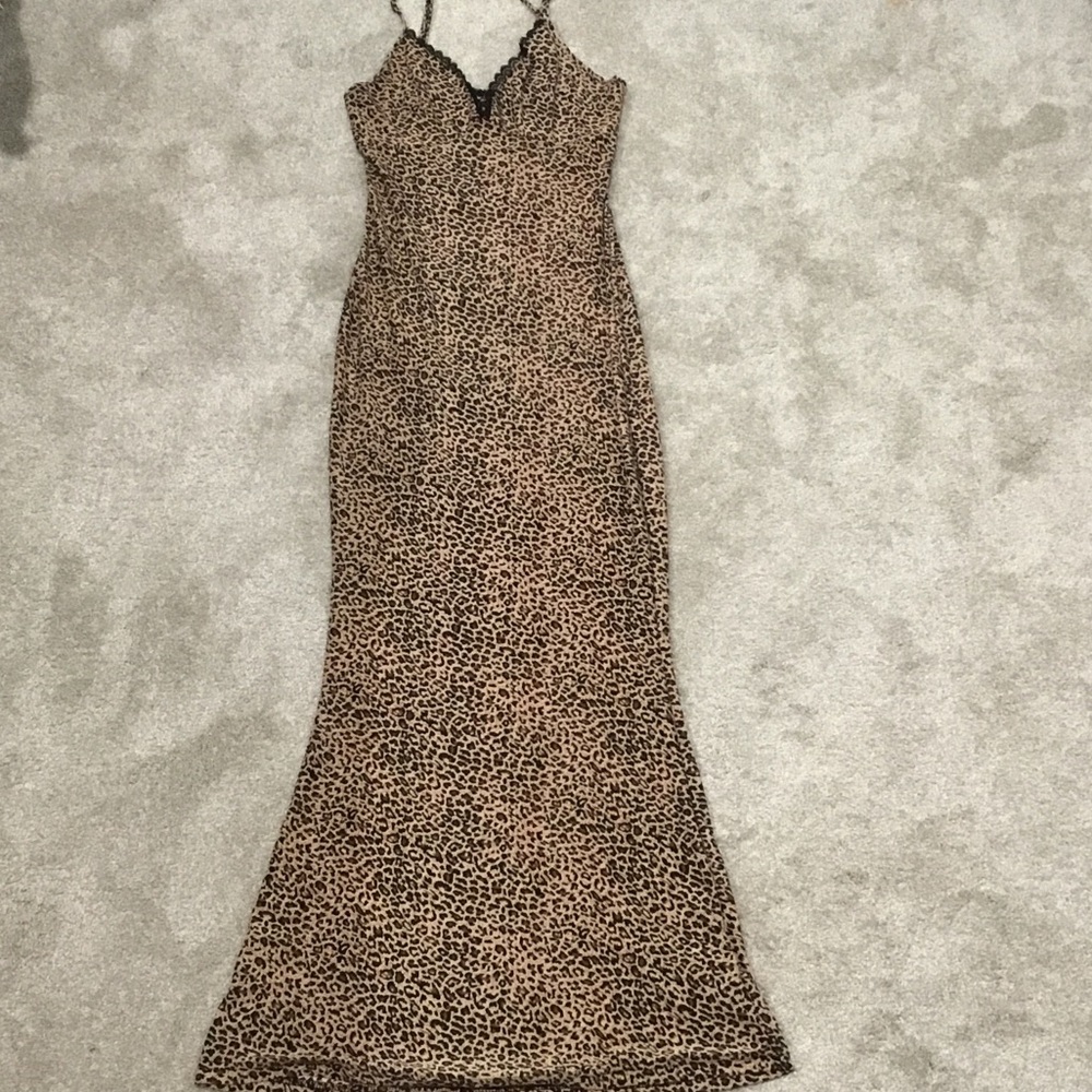 SHEIN Leopard Print Maxi Slip Dress with Lace Trim - Brown/Black